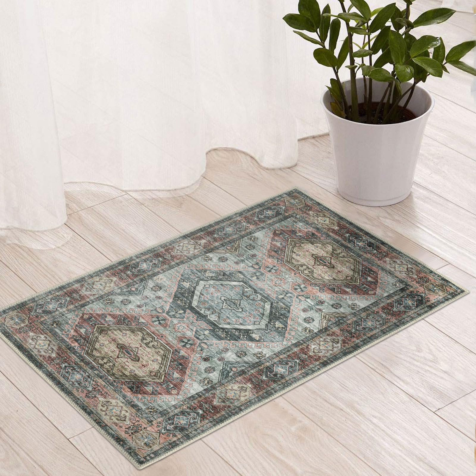 Fashriend Rita Moroccan Entry Rug, 2'×3' Washable Western Door Mat, Non-Slip Southwest Boho Rug, Non-Shedding Aztec Rug, Geometric Carpet with Low Pile for Bathroom, Laundry, Kitchen, Hallway, Green