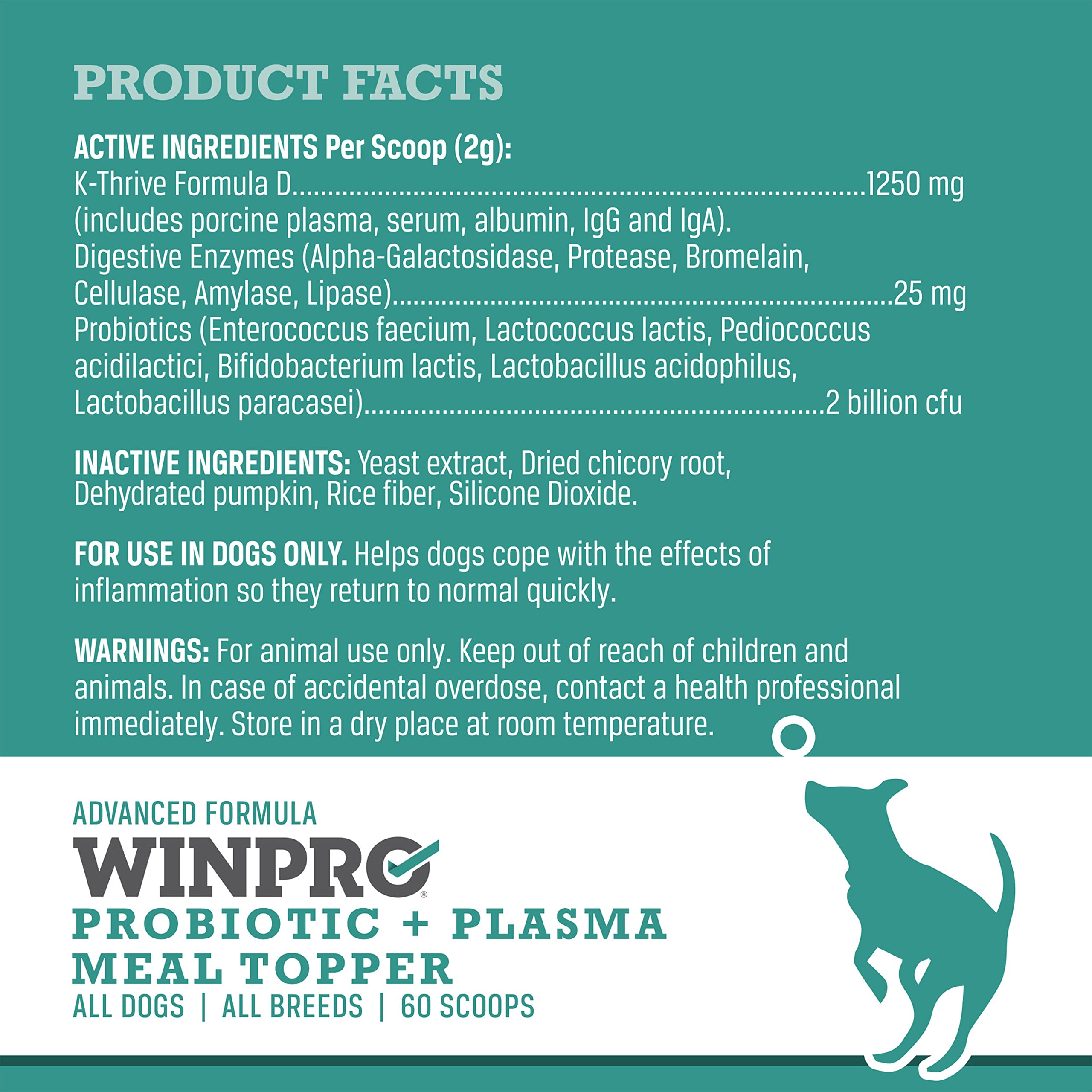 WINPRO Dog Probiotic Powder Meal Topper, Spray Dried Plasma with Prebiotics and Probiotics for Digestive Support and Gut Health for Dogs, All Breeds, Ages, and Sizes, 60 Scoops, Made in USA