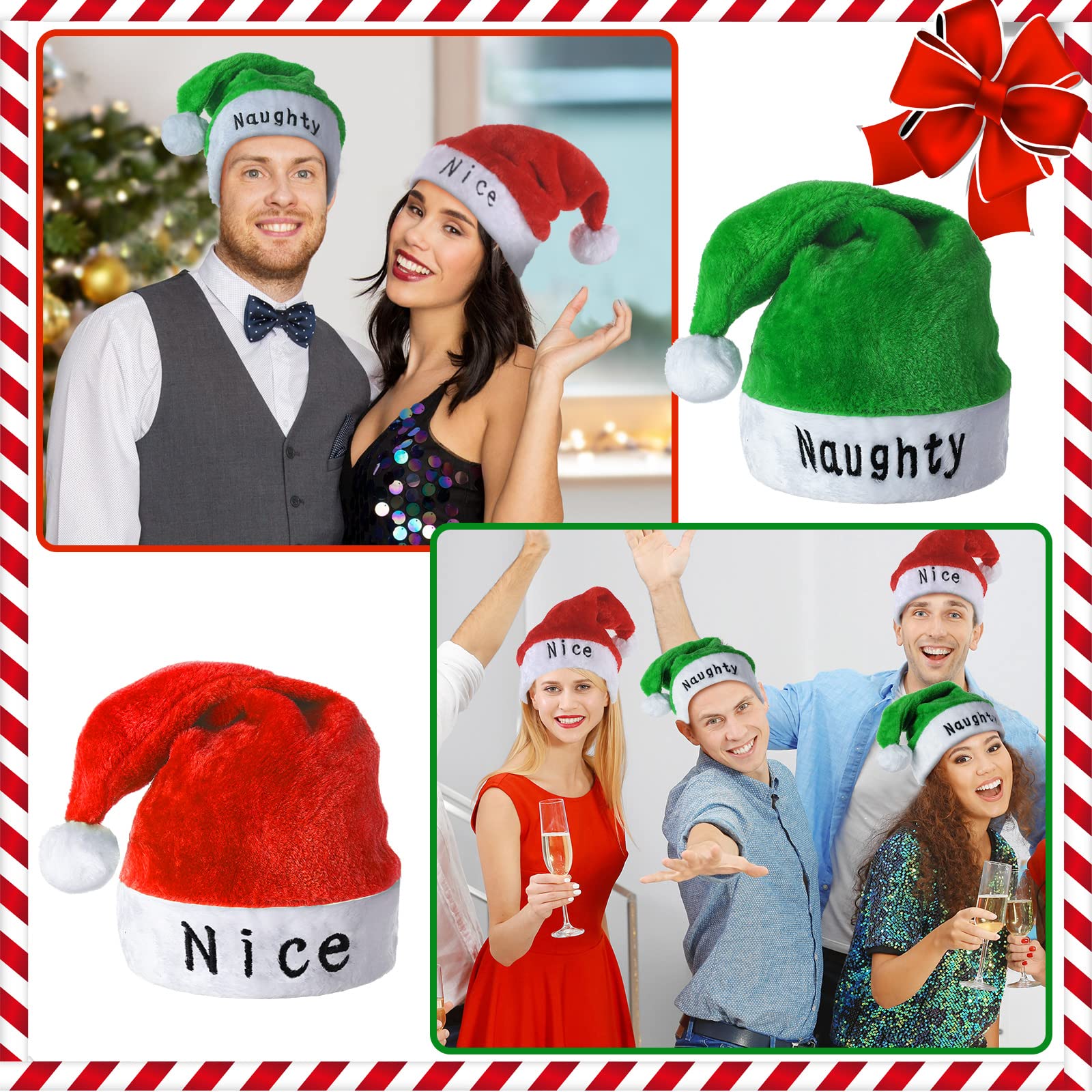 Newcotte 4 Pcs Christmas Naughty and Nice Santa Hats Adult Red and Green Christmas Hat for Women Holiday Xmas Party Supplies