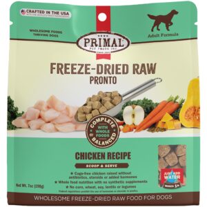 primal freeze dried dog food pronto, chicken; scoop & serve, complete & balanced meal; also use as topper or treat; premium, healthy, grain free, high protein raw dog food (7 oz)