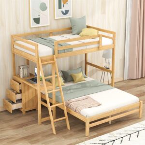 Bellemave Twin Over Full Bunk Bed with Desk and Storage Drawers Wood Convertible Loft Beds Can Be Separated into 2 Kids Bunked Frame for Girls Boys Teens, Natural