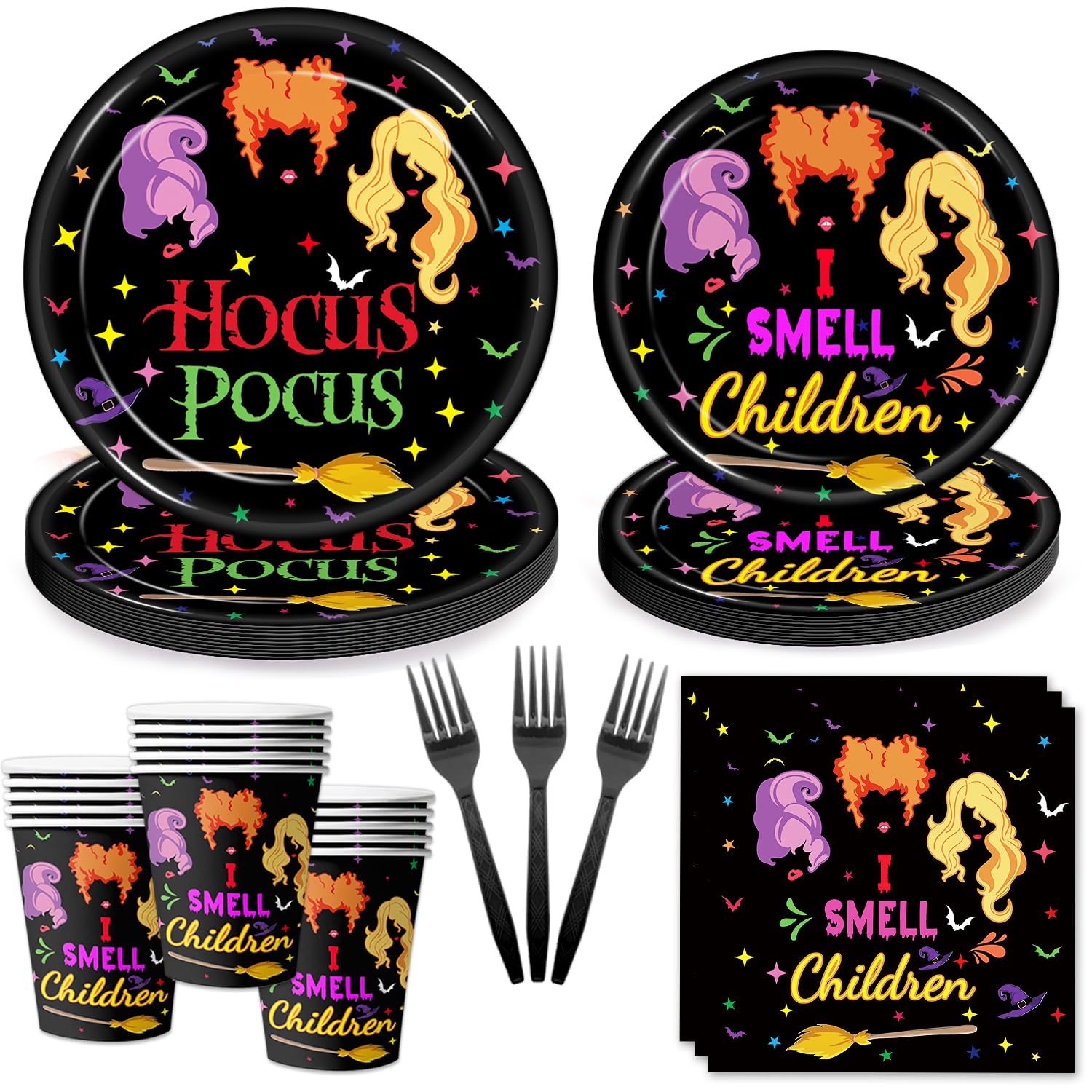 Halloween Hocus Pocus Party Tableware Set Halloween Decorations Paper Plates, Napkins, Cups, Forks for Halloween Witch Theme Party Decorations Hocus Pocus Party Supplies Favors, 24 Guests