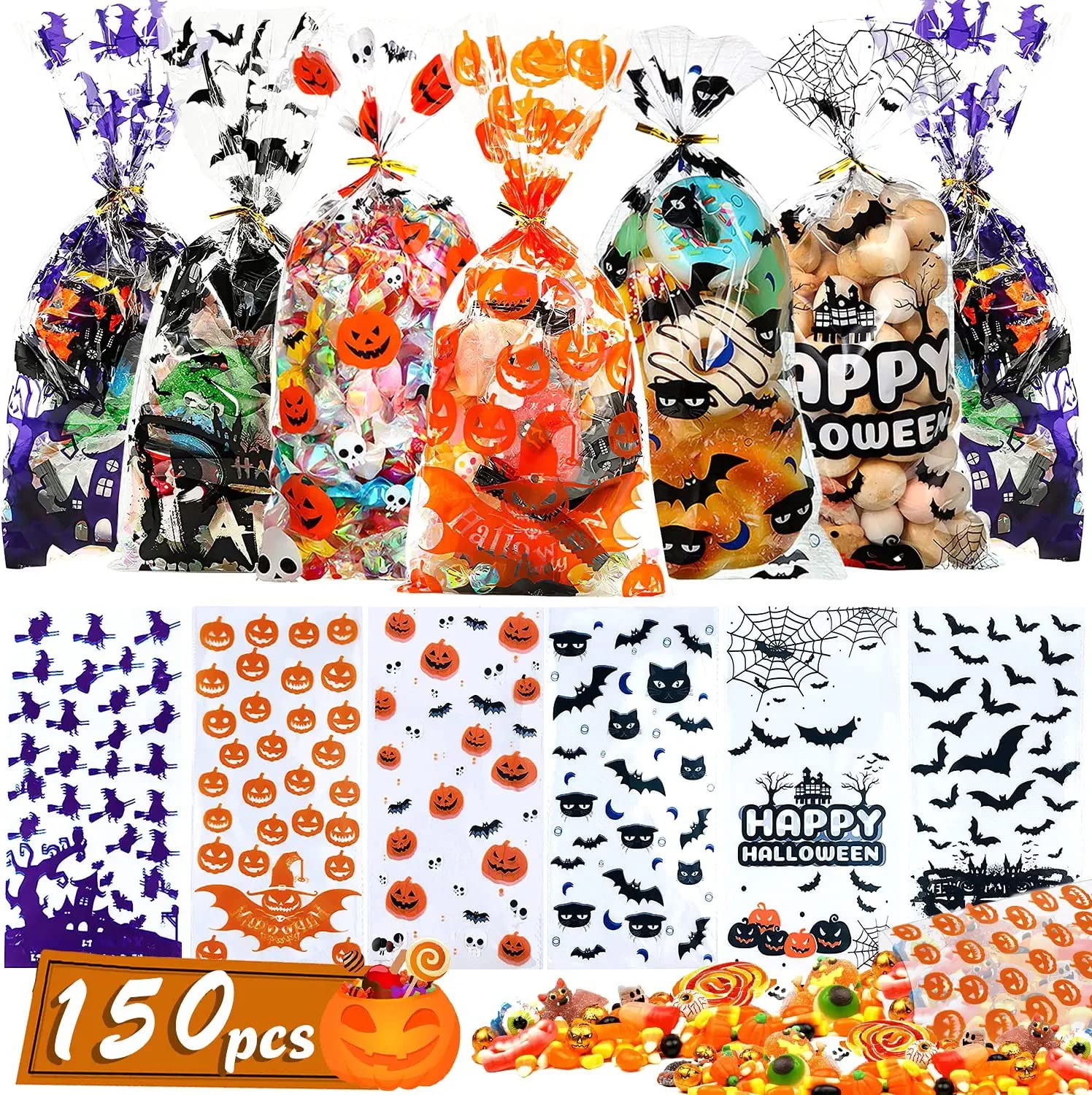 NESIMY Halloween Treat Bags Cello Candy Cellophane Goody Bag Bulk with Twist Ties for Trick or Treat Holiday Goodies Gifts and Party Favors