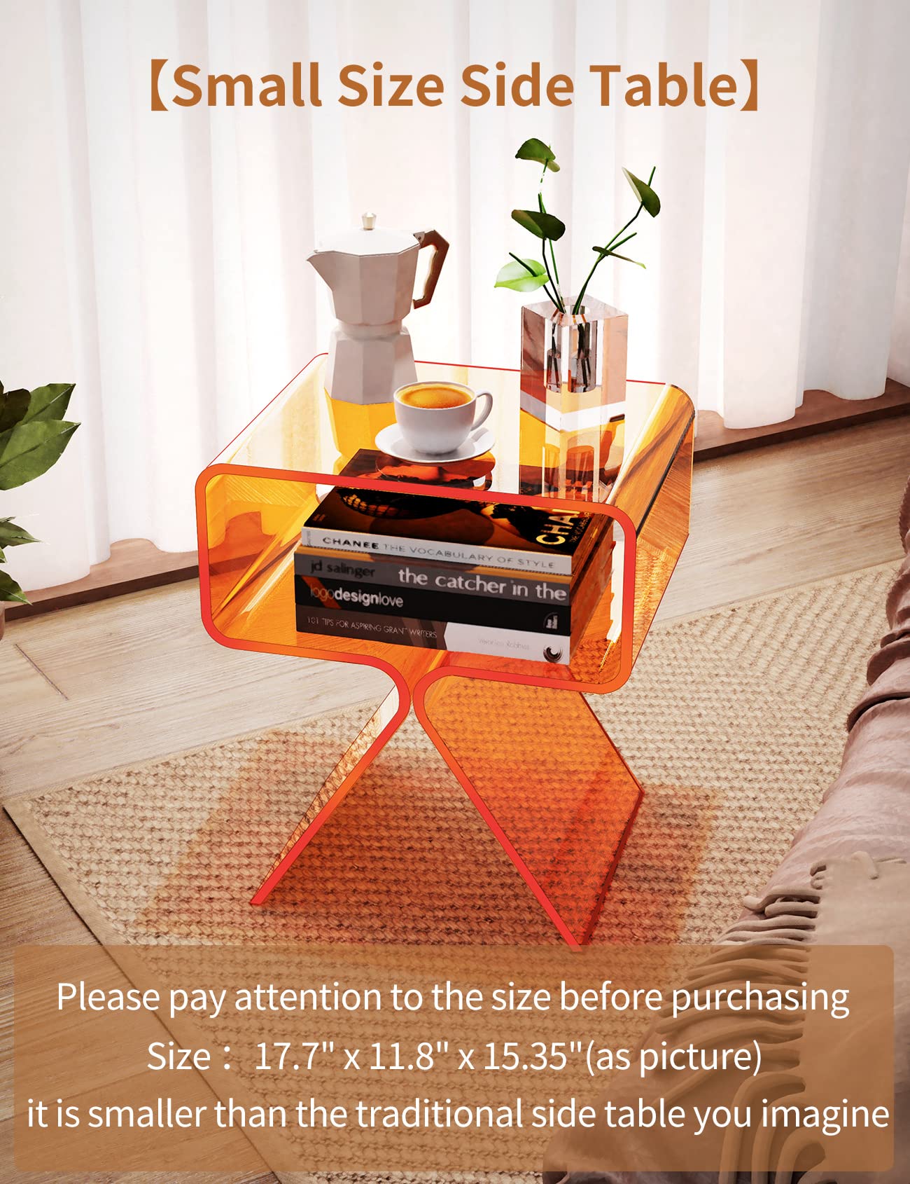 solaround Acrylic Nightstand Side Table Modern Design Clear Home Decor Display End Table for Living Room (Orange)