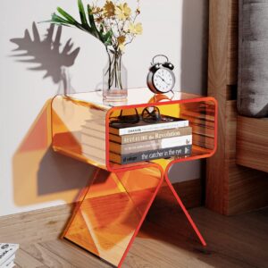 solaround Acrylic Nightstand Side Table Modern Design Clear Home Decor Display End Table for Living Room (Orange)