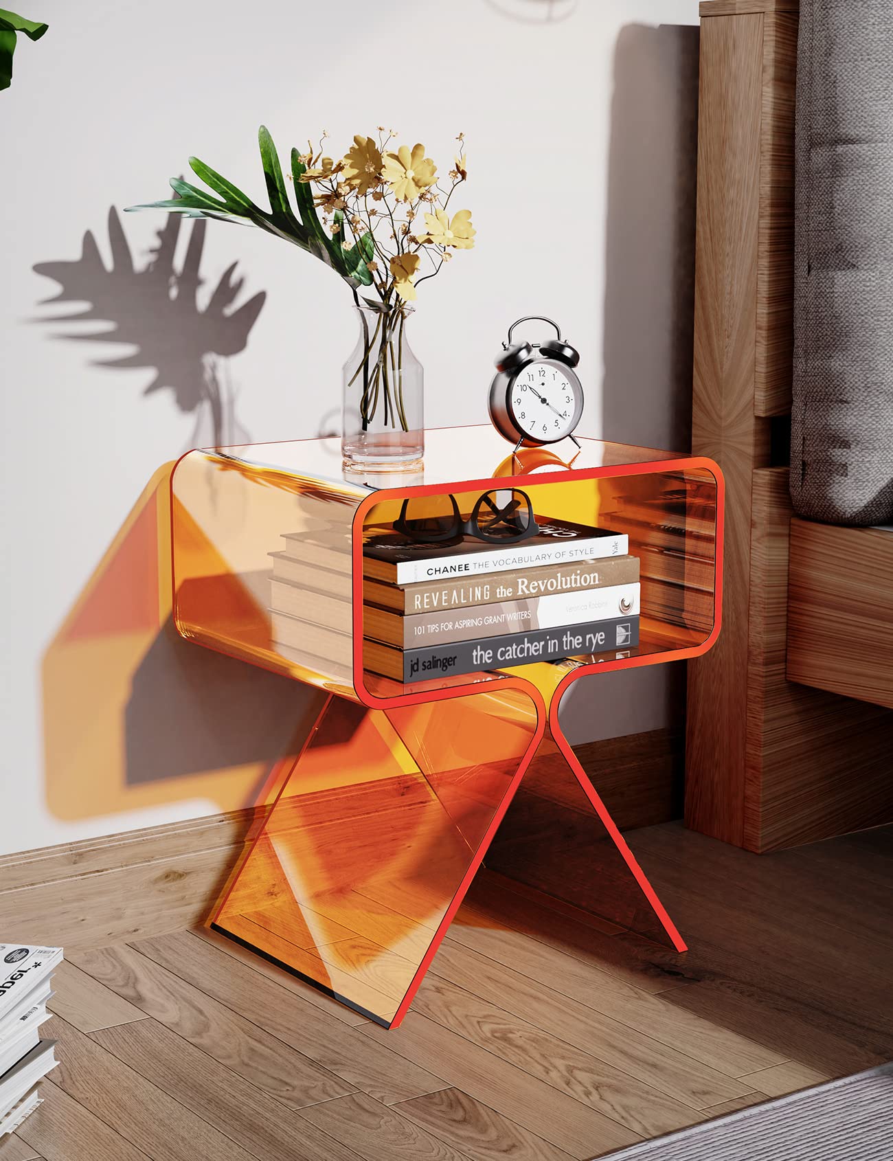 solaround Acrylic Nightstand Side Table Modern Design Clear Home Decor Display End Table for Living Room (Orange)