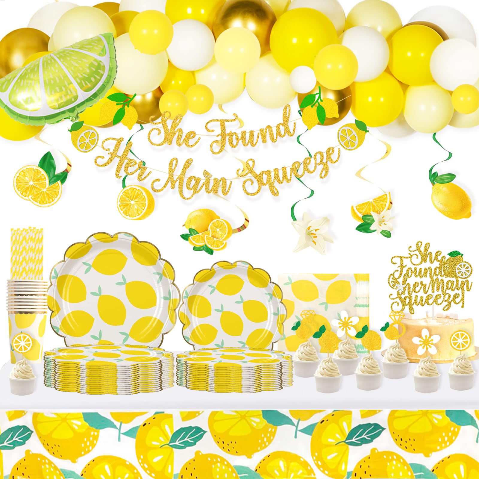 Fiesec Lemon Bridal Shower Decorations, Lemon Bachelorette Party Supplies, Hanging Swirl Balloon She Found Her Main Squeeze Glitter Banner Tablecloth Plate Napkin Cup Cake Topper Gold Yellow