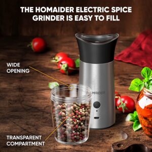 Homaider Electric Salt and Pepper Grinder Set Rechargeable & Automatic - for Spices, Salt and Pepper - Wooden Stand, Brush, LED Lights, x2 Charging Cables and Adjustable Coarseness - Set of 2