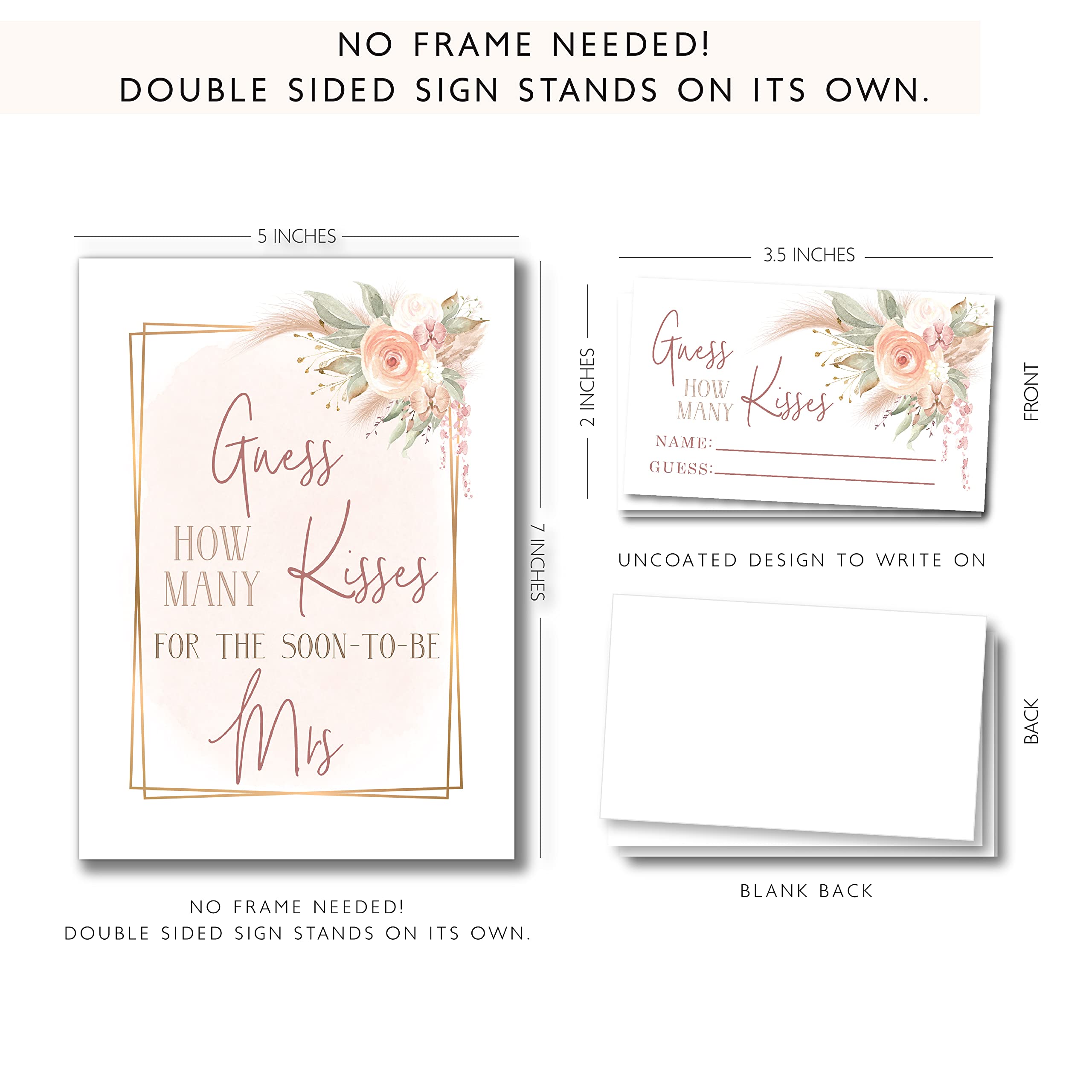 Your Main Event Prints Boho Pink Gold Pompas Grass How Many Kisses Game Sign and Cards Great For Bridal Showers and Weddings, Floral