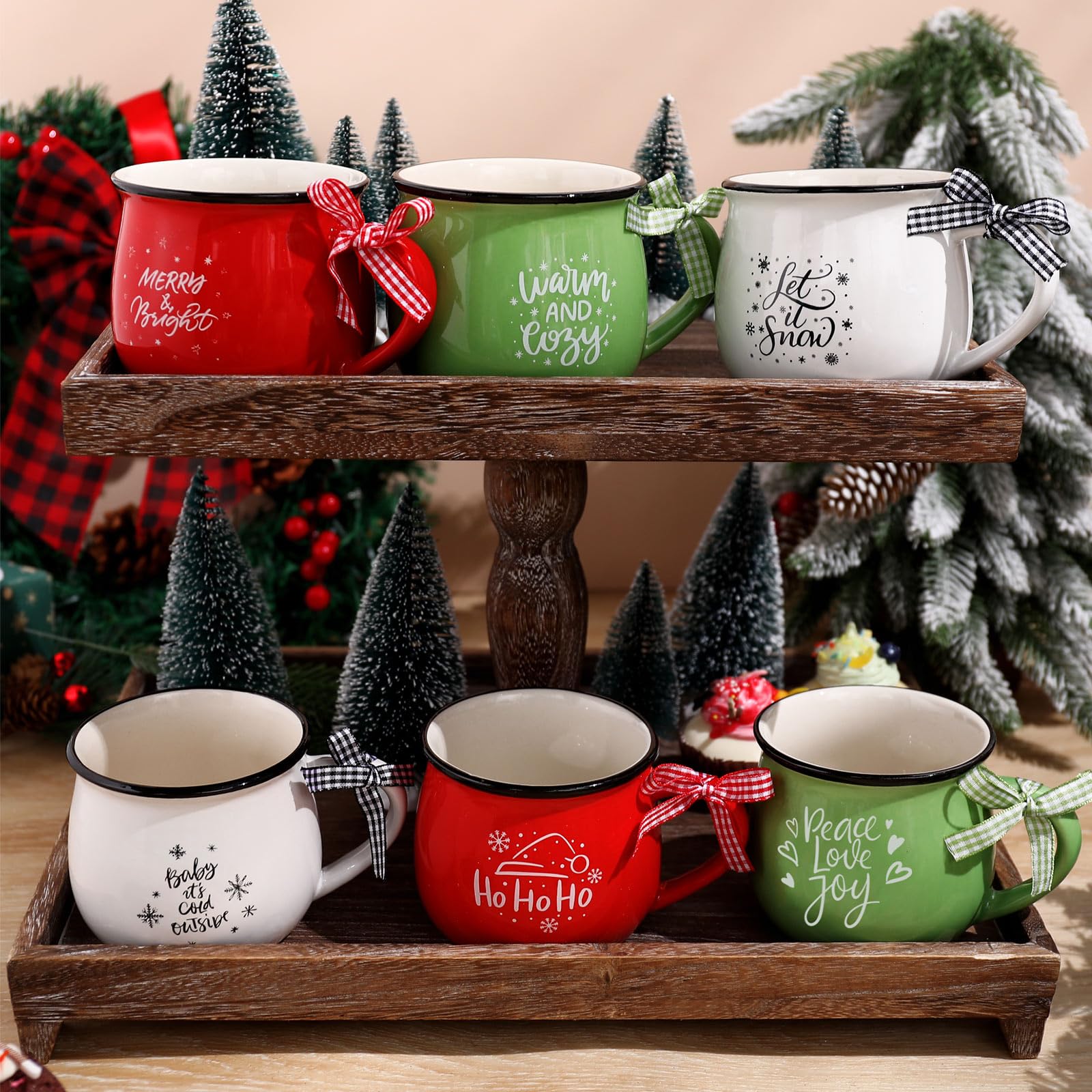 Sawysine Christmas Coffee Mugs Set of 6, 12 oz Ceramic Mug Gift Holiday Hot Cocoa for Mom Woman Family Friend Farmhouse Tiered Tray Decor Bar