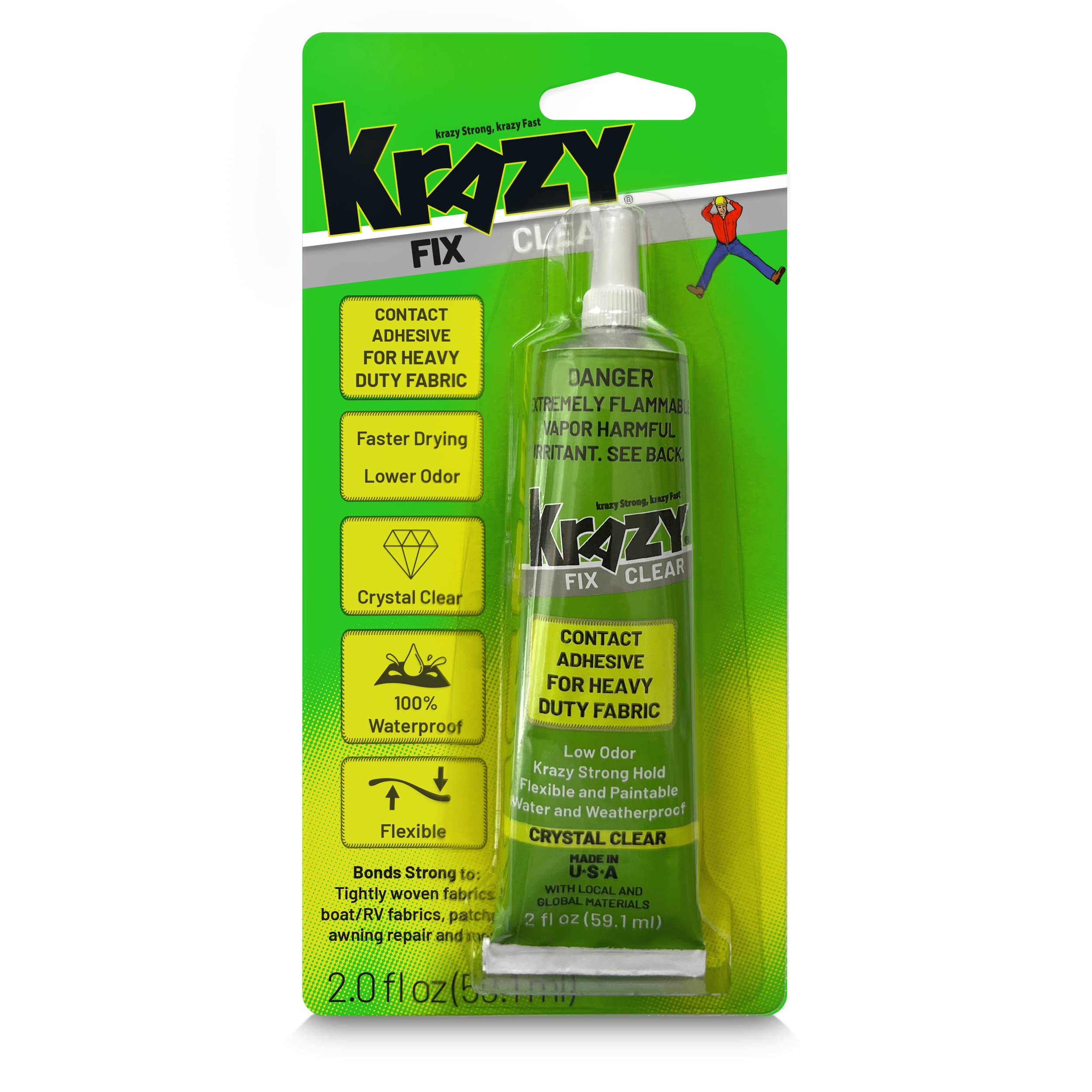 Krazy Fix Clear Fabric Glue, Washable, 100% Waterproof Permanent Bond Glue for Fabric, Heavy Duty Adhesive for Clothing, Patches, Canvas and More, 2.0 fl. oz. Tube