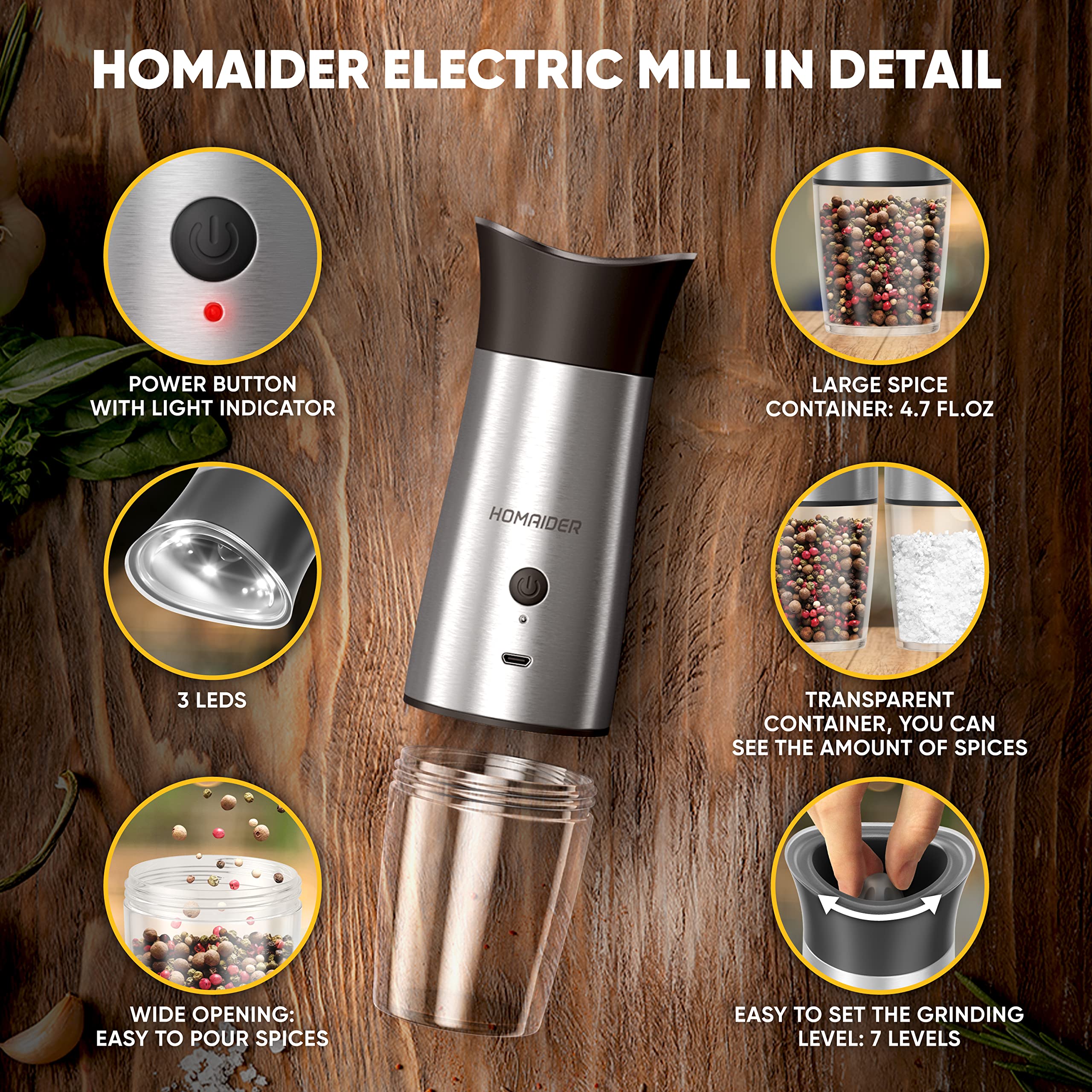 Homaider Electric Salt and Pepper Grinder Set Rechargeable & Automatic - for Spices, Salt and Pepper - Wooden Stand, Brush, LED Lights, x2 Charging Cables and Adjustable Coarseness - Set of 2