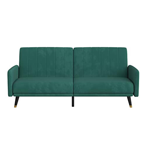 Flash Furniture Sophia Premium Split Back Sofa Futon - Emerald Green Velvet Upholstery - Solid Wood Legs - Convertible Sleeper Couch for Small Spaces