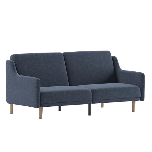 Flash Furniture Delphine Convertible Split Back Sofa Futon - Navy Faux Linen Upholstery - Solid Wood Legs - Curved Armrests - Sleeper Couch for Small Spaces