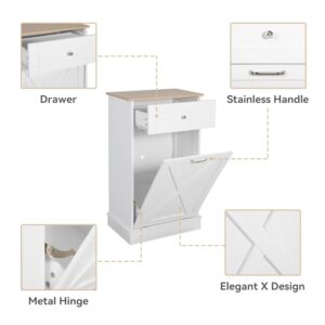 Puluomis Tilt Out Trash Cabinet-Free Standing Kitchen Waste Bin-Wooden Recycling Trash Cabinet with Drawer-White