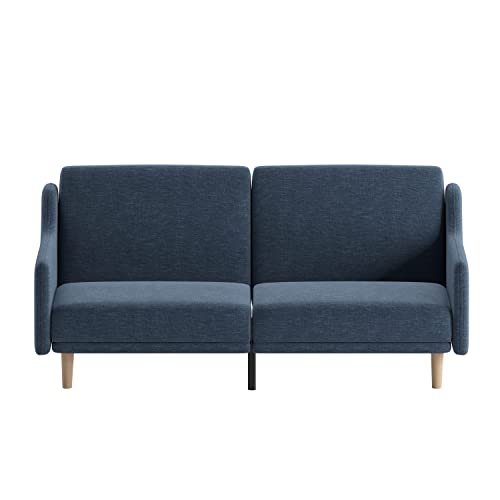 Flash Furniture Delphine Convertible Split Back Sofa Futon - Navy Faux Linen Upholstery - Solid Wood Legs - Curved Armrests - Sleeper Couch for Small Spaces