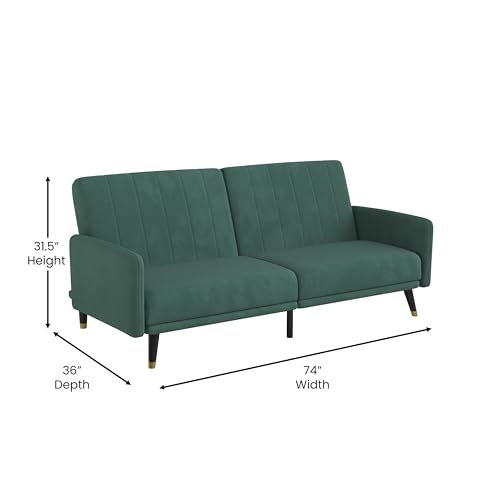 Flash Furniture Sophia Premium Split Back Sofa Futon - Emerald Green Velvet Upholstery - Solid Wood Legs - Convertible Sleeper Couch for Small Spaces