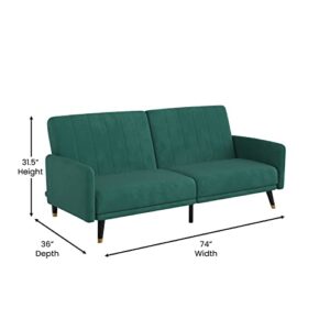 Flash Furniture Sophia Premium Split Back Sofa Futon - Emerald Green Velvet Upholstery - Solid Wood Legs - Convertible Sleeper Couch for Small Spaces