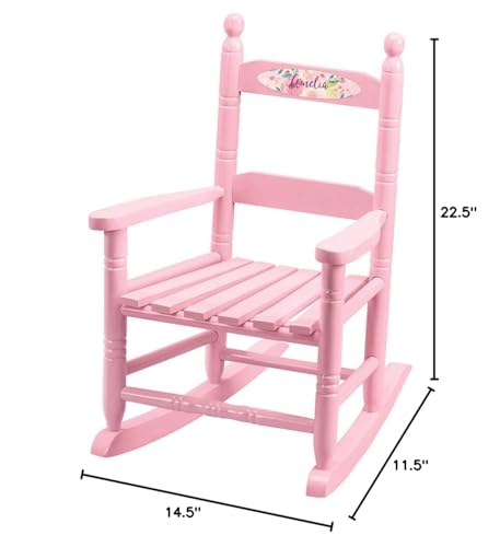 Personalized Watercolor Floral Children's Rocking Chair, Durable Wood - Measures 14 1/2" Wide x 11 1/2" Deep; 22 1/2" Overall Height, Pink Font