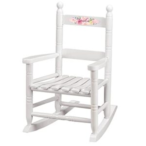 personalized watercolor floral children's rocking chair, durable wood - measures 14 1/2" wide x 11 1/2" deep; 22 1/2" overall height, white font