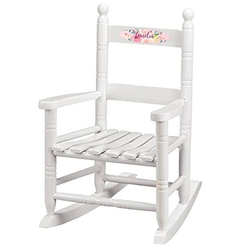 Personalized Watercolor Floral Children's Rocking Chair, Durable Wood - Measures 14 1/2" Wide x 11 1/2" Deep; 22 1/2" Overall Height, White Font