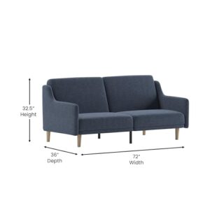 Flash Furniture Delphine Convertible Split Back Sofa Futon - Navy Faux Linen Upholstery - Solid Wood Legs - Curved Armrests - Sleeper Couch for Small Spaces