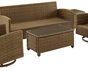 Crosley Furniture Bradenton 5-Piece Wicker Outdoor Sofa and Swivel Rocker Patio Furniture Set for Porch, Brown with Sand Cushions