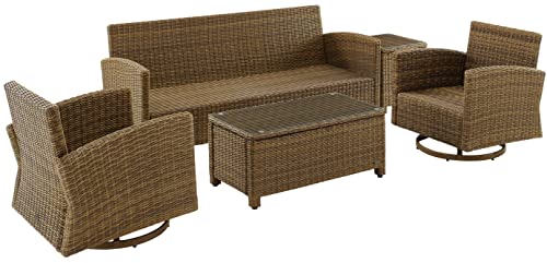 Crosley Furniture Bradenton 5-Piece Wicker Outdoor Sofa and Swivel Rocker Patio Furniture Set for Porch, Brown with Sand Cushions