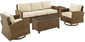 crosley furniture bradenton 5-piece wicker outdoor sofa and swivel rocker patio furniture set for porch, brown with sand cushions