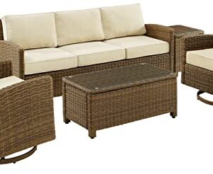 Crosley Furniture Bradenton 5-Piece Wicker Outdoor Sofa and Swivel Rocker Patio Furniture Set for Porch, Brown with Sand Cushions