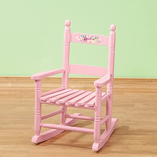 Personalized Watercolor Floral Children's Rocking Chair, Durable Wood - Measures 14 1/2" Wide x 11 1/2" Deep; 22 1/2" Overall Height, Pink Font