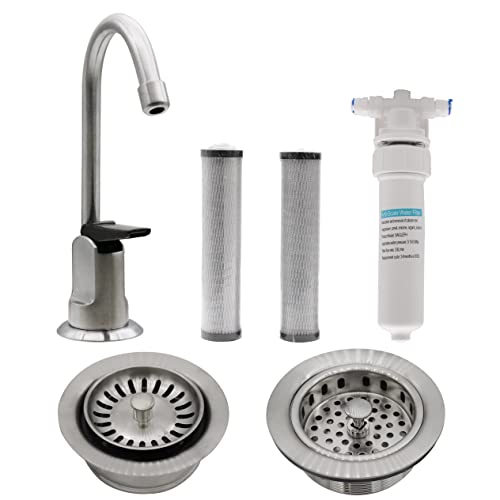 Westbrass CO132-20 6" Touch-Flo Style Pure Cold Water Dispenser Faucet Kit with Filter, 2-Pack Replacement Cartridges, Kitchen Sink Basket Strainer & Waste Disposal Trim Set, Stainless Steel