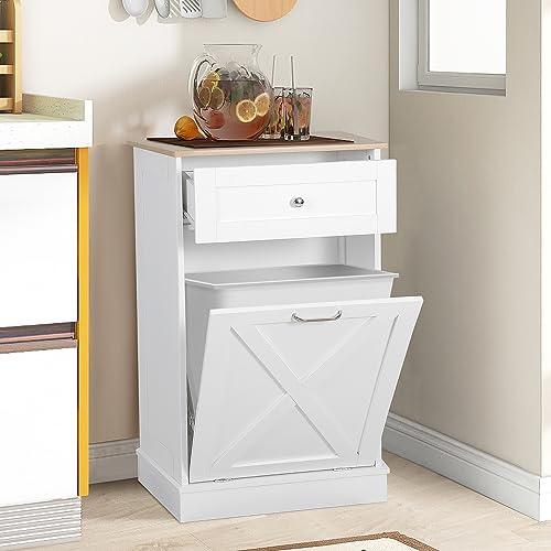 Puluomis Tilt Out Trash Cabinet-Free Standing Kitchen Waste Bin-Wooden Recycling Trash Cabinet with Drawer-White