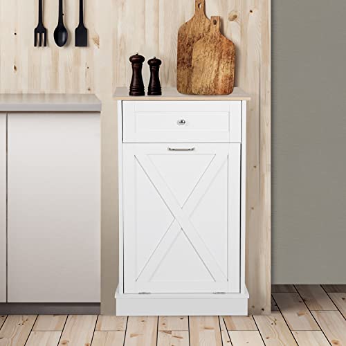 Puluomis Tilt Out Trash Cabinet-Free Standing Kitchen Waste Bin-Wooden Recycling Trash Cabinet with Drawer-White