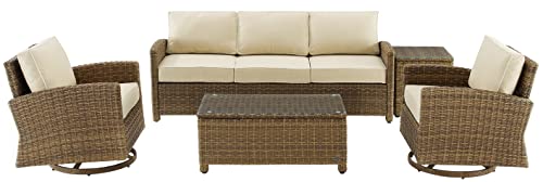 Crosley Furniture Bradenton 5-Piece Wicker Outdoor Sofa and Swivel Rocker Patio Furniture Set for Porch, Brown with Sand Cushions