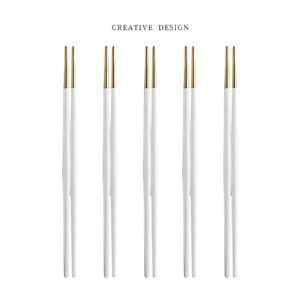 Chanjiso Creative Metal Chopsticks,5 Pairs 304 Stainless Steel Japanese Pointed Sushi Tableware Non Slip Chopsticks Gift… (Five white gold heads)