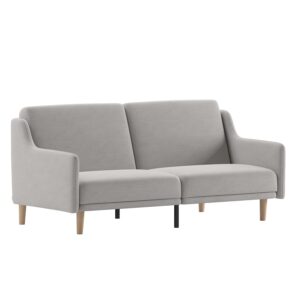 flash furniture delphine convertible split back sofa futon - gray faux linen upholstery - solid wood legs - curved armrests - sleeper couch for small spaces,grey