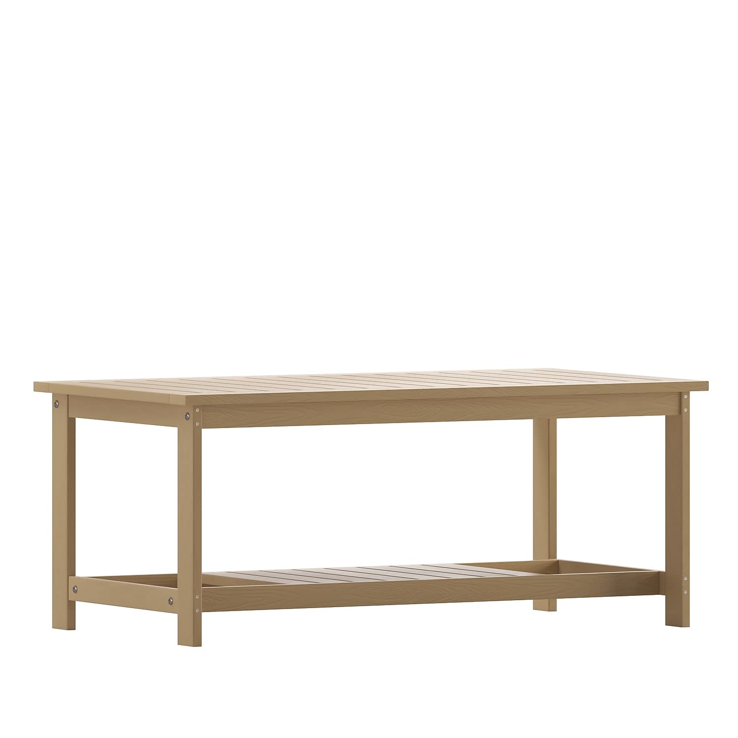 Flash Furniture Charlestown Two Tiered Commercial Grade Adirondack Coffee Table - Natural Cedar Finish Poly Resin Wood - All-Weather - Slatted Shelf Design