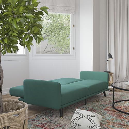 Flash Furniture Sophia Premium Split Back Sofa Futon - Emerald Green Velvet Upholstery - Solid Wood Legs - Convertible Sleeper Couch for Small Spaces