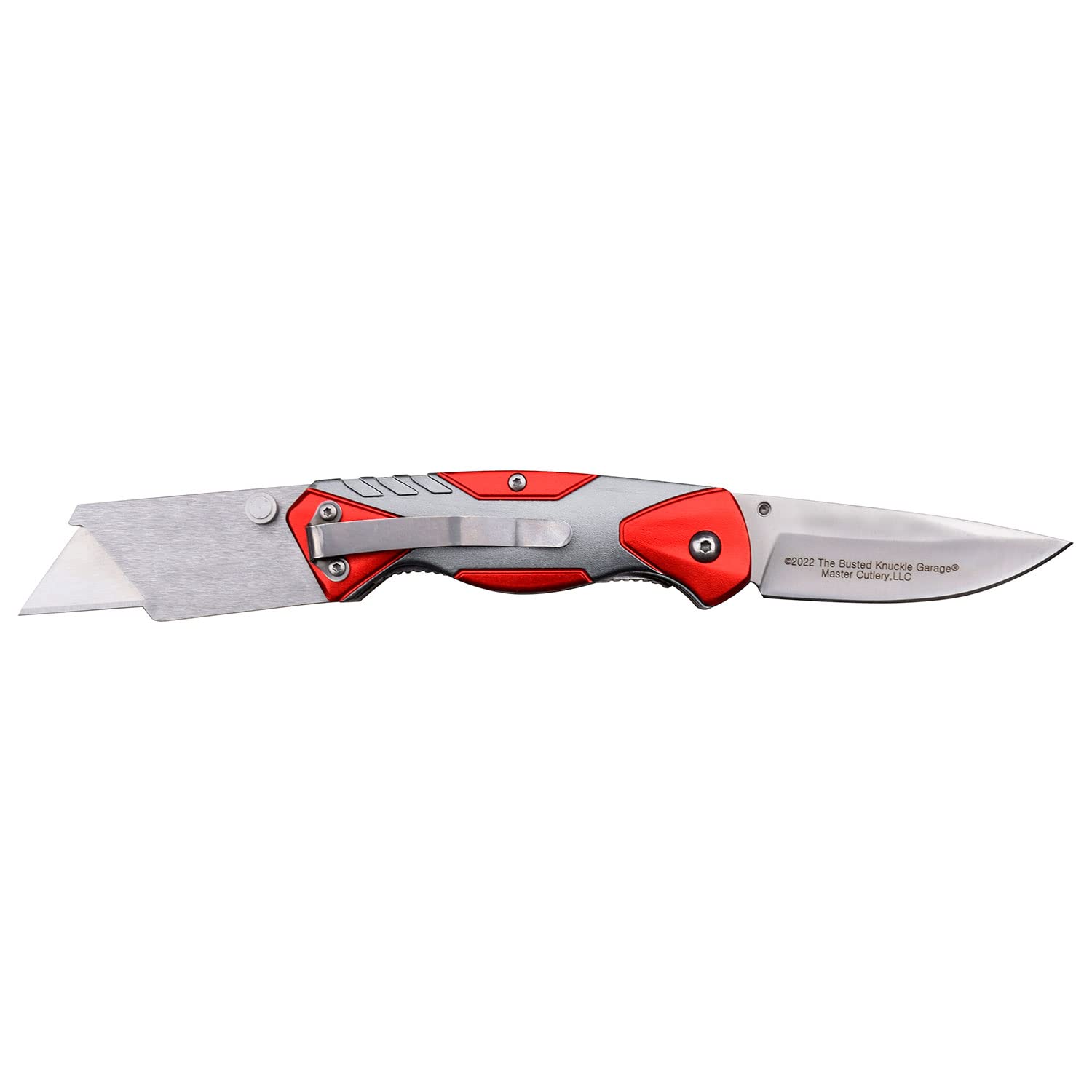 Busted Knuckle Garage - Manual Folding Knife and Multi-Tool - Stainless Steel Blade and Replaceable Razor Blade, Red and Silver Aluminum Handle w/Pocket Clip - BKG-FDR002