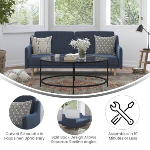 Flash Furniture Delphine Convertible Split Back Sofa Futon - Navy Faux Linen Upholstery - Solid Wood Legs - Curved Armrests - Sleeper Couch for Small Spaces