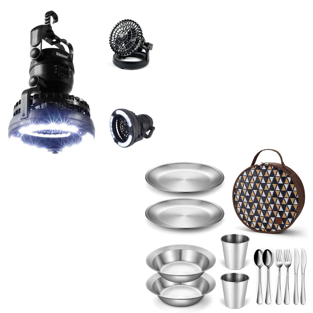 Odoland Bundle - 2 Items Portable LED Camping Lantern with Ceiling Fan and Polished Stainless Steel Camping dinnerware