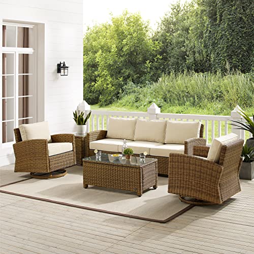 Crosley Furniture Bradenton 5-Piece Wicker Outdoor Sofa and Swivel Rocker Patio Furniture Set for Porch, Brown with Sand Cushions