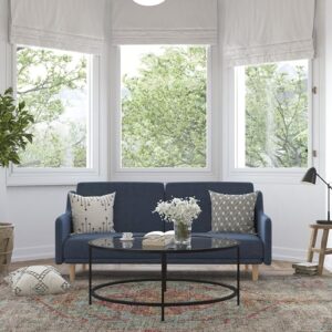 flash furniture delphine convertible split back sofa futon - navy faux linen upholstery - solid wood legs - curved armrests - sleeper couch for small spaces