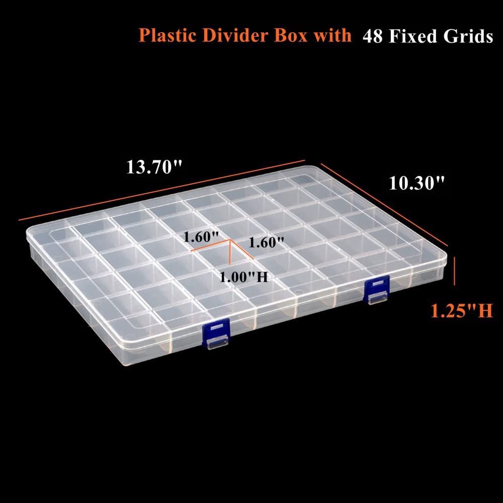 BangQiao 2 Pack Fixed 48 Grids Clear Plastic Divider Storage Box, Transparent Organizer Container Case for Bead, Button, Jewelry, Diamond, Craft, Small Parts, Sewing Kit，DIY Accessories