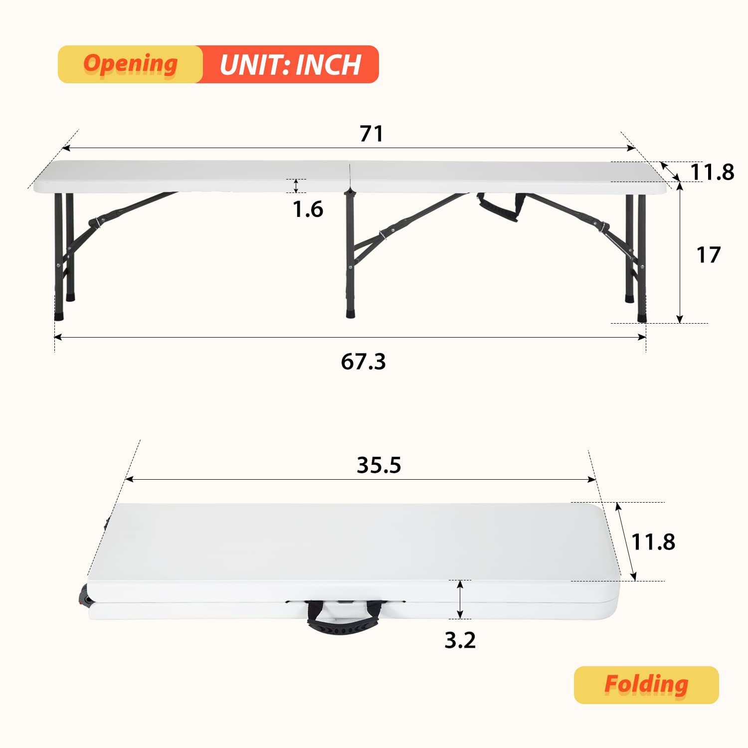 FDW 6FT Bench Chair Plastic Folding Bench Plastic Portable Outdoor Bench Garden Bench with Carrying Handle and Lock for Camping Picnic Party Dining 2 Pack White