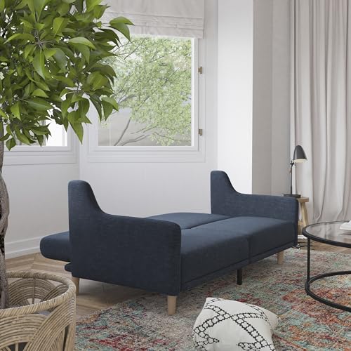 Flash Furniture Delphine Convertible Split Back Sofa Futon - Navy Faux Linen Upholstery - Solid Wood Legs - Curved Armrests - Sleeper Couch for Small Spaces