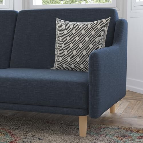 Flash Furniture Delphine Convertible Split Back Sofa Futon - Navy Faux Linen Upholstery - Solid Wood Legs - Curved Armrests - Sleeper Couch for Small Spaces