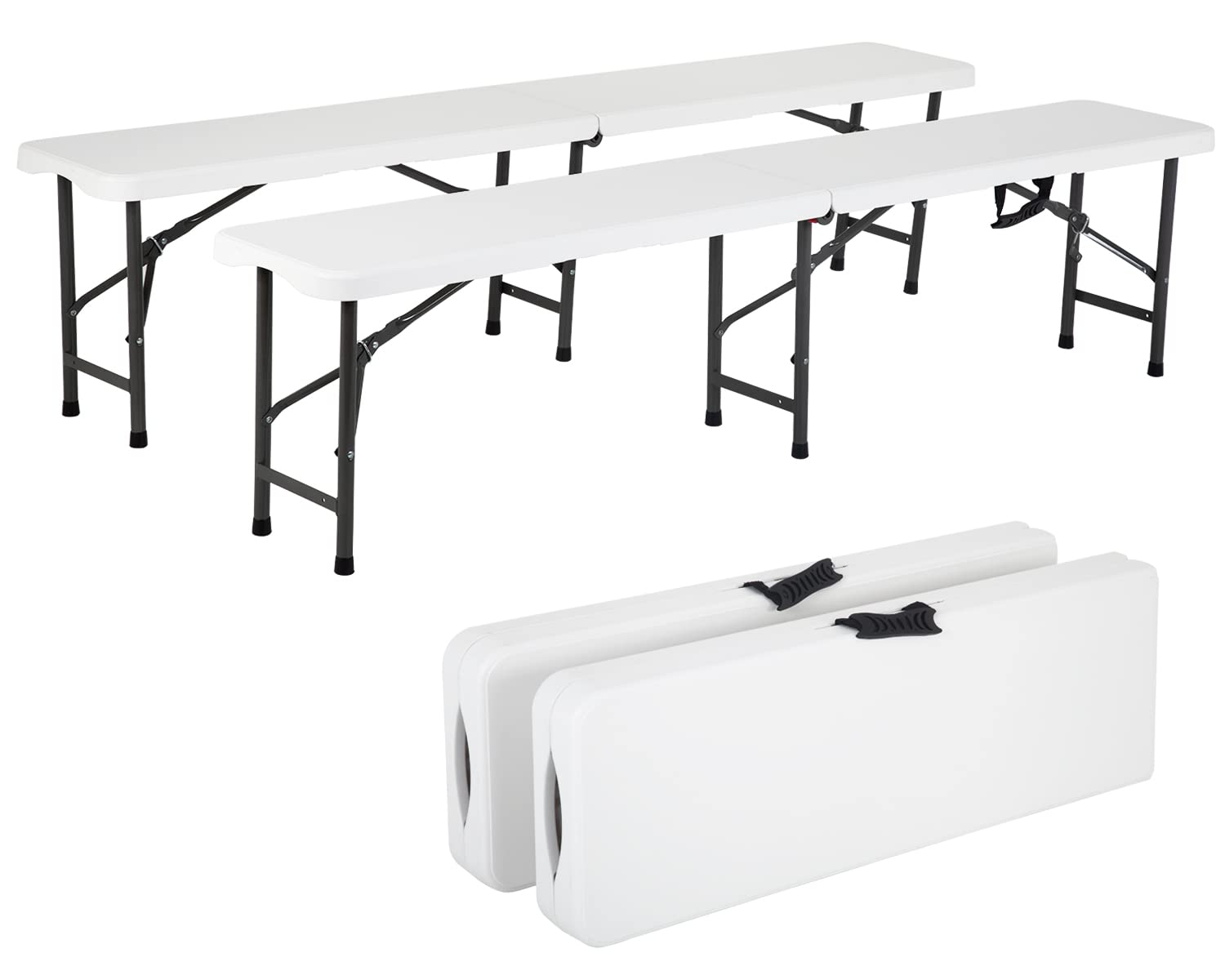 FDW 6FT Bench Chair Plastic Folding Bench Plastic Portable Outdoor Bench Garden Bench with Carrying Handle and Lock for Camping Picnic Party Dining 2 Pack White