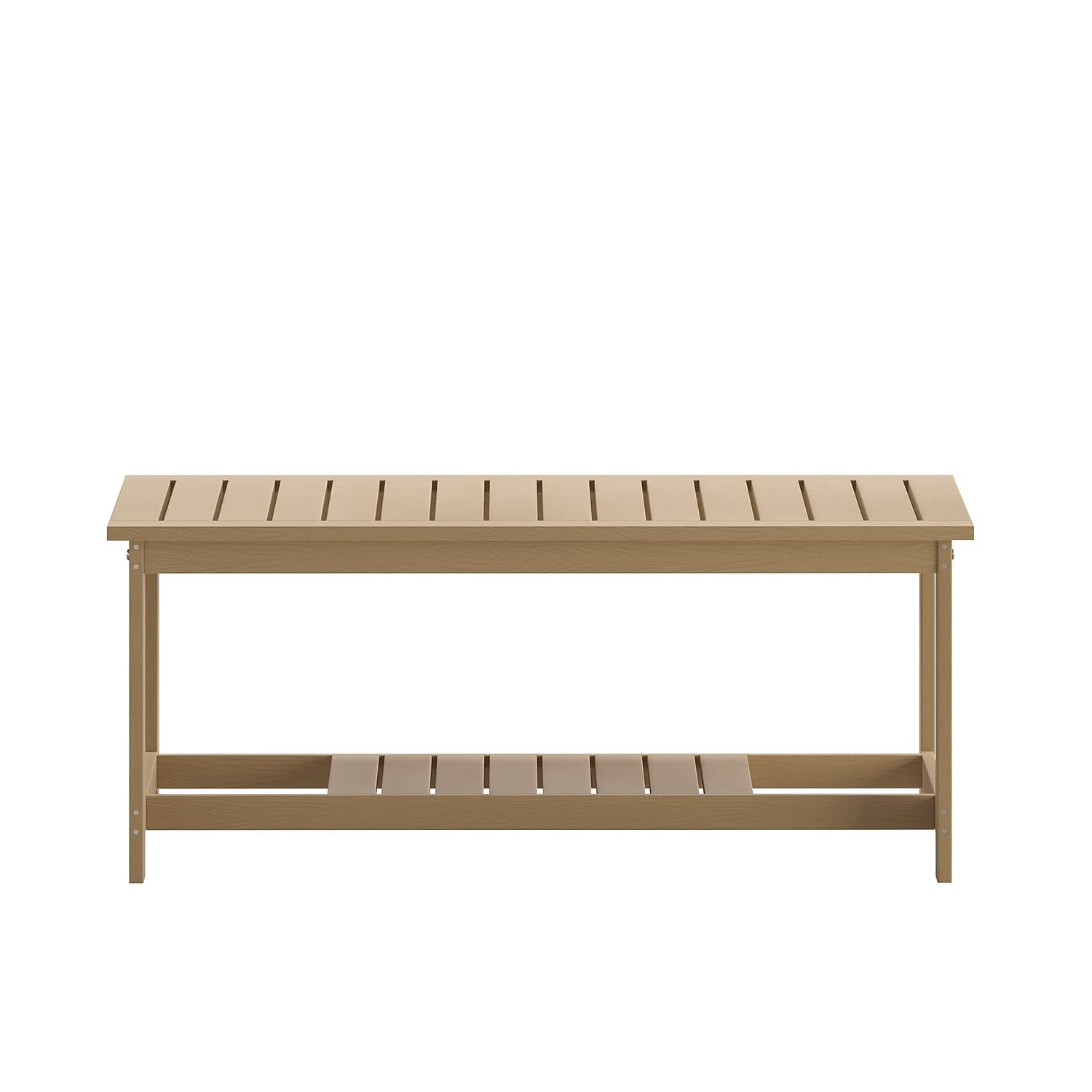 Flash Furniture Charlestown Two Tiered Commercial Grade Adirondack Coffee Table - Natural Cedar Finish Poly Resin Wood - All-Weather - Slatted Shelf Design